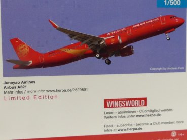 1/500 Herpa Wings Airbus A321 Juneyao Airlines 529891