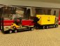 Preview: 1/87 Herpa Volvo Flachbett-LKW Wallek & Geser + Container / Ladekran u. Goldhofer TU3 + Gabelstapler