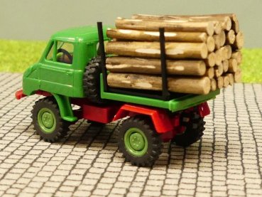 1/87 Brekina Unimog 411 mit Holzladung resegrün/rubinrot 39028