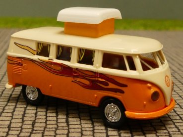 1/87 Brekina # 1814 o/c VW T1 b Camper mit geöffnetem Hubdach Flammendekor hellelfenbein/orange Sondermodell Reinhardt