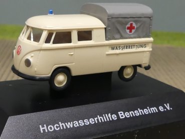 1/87 Brekina # 0909 VW T1 Doka Pritsche/Plane DRK Hochwasserhilfe Bensheim in PC Box