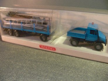 1/87 Wiking Unimog U 140 mit Rungenanhänger + Gerüst blau 392 02