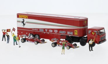 1/87 Brekina Fiat 691 Renntransporter + 2 Ferrari 312 T2 + 6 Figuren 58575