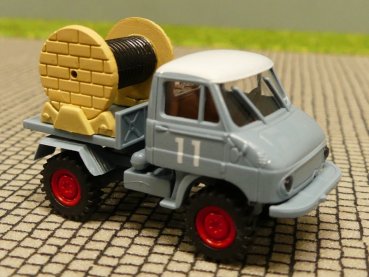 1/87 Brekina Unimog 411 Plattform + Kabelrolle blaugrau #11