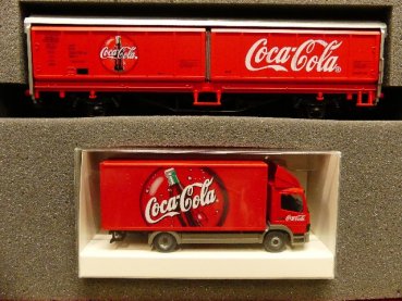 1/87 Lima Wiking Set MB Atego Koffer Coca Cola mit Hbis Güterwagen LC21025