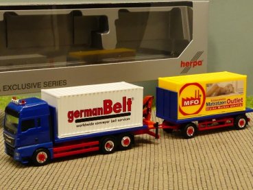 1/87 Herpa MAN TGX XXL Flachbett HZ + Palfinger Ladekran + 2x20ft. "German Belt" + MFO"