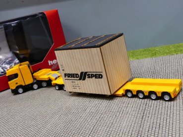 1/87 Herpa Scania CS Tieflade-Sattelzug mit Überseekiste Friedsped 310864