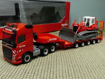 1/87 Herpa Volvo FH Gl 6x4 Kutter Tieflade-Sattelzug + Liebherr Planierraupe 312981