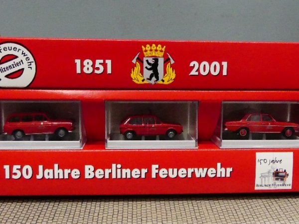 1/87 Brekina 150 Jahre Berliner Feuerwehr Set VW 1500-VW Golf I-MB 200/8  90736