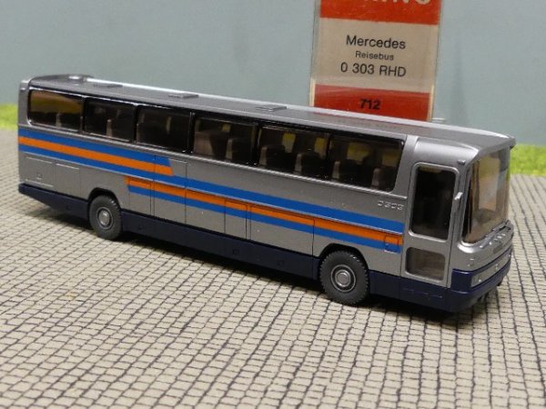 1/87 Wiking MB O 303 RHD Reisebus silber mit blau/orange Decor 712 3A