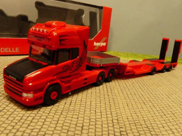 1/87 Herpa Scania Hauber TL Spezialtransporte Sturm Tieflade-Sattelzug 313079