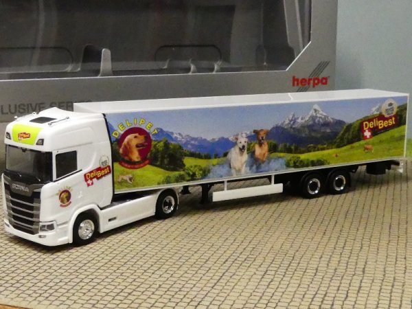 1/87 Herpa Scania CS Highline Kühlkoffer-SZ Delipet AG / Lady Sina CH 950848