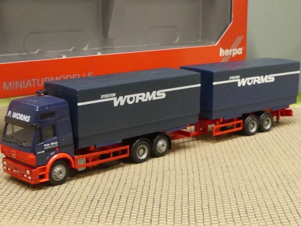 1/87 Herpa MB SK Worms Spedition Tandem Wechselplanen-Hängerzug