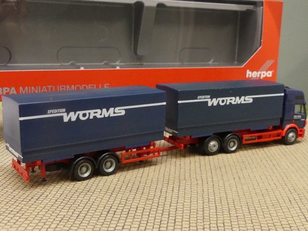 1/87 Herpa MB SK Worms Spedition Tandem Wechselplanen-Hängerzug