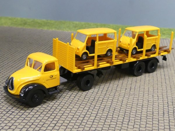 1/87 Brekina Magirus Mercur + 2 Goggo Bahnsteigkarren Sattelzug 018073