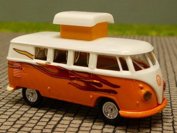 1/87 Brekina # 1814 o/w VW T1 b Camper mit geöffnetem Hubdach Flammendekor weiss/orange Sondermodell Reinhardt