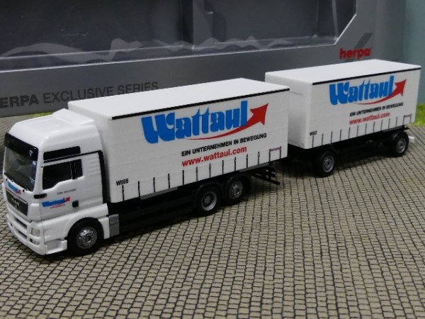 1/87 Herpa MAN TGX XXL Wattaul Wechsel Schiebeplanen Hängerzug 901192