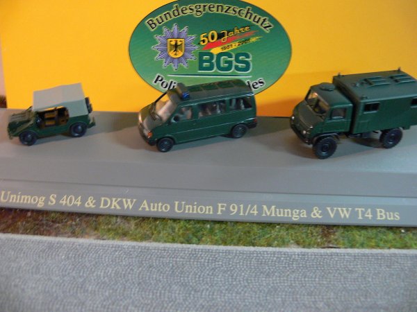 1/87 Roco MB Unimog S 404 + DKW Auto Union F 91/4 Munga + VW T4 Bus BGS SET 668