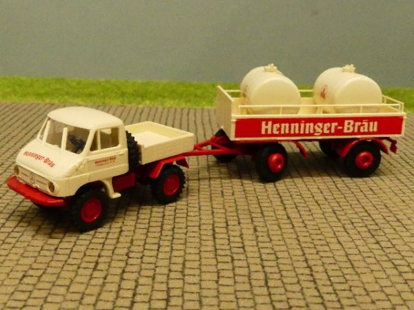 1/87 Brekina Unimog 411 Henninger Bräu Hänger mit Tanks 39101