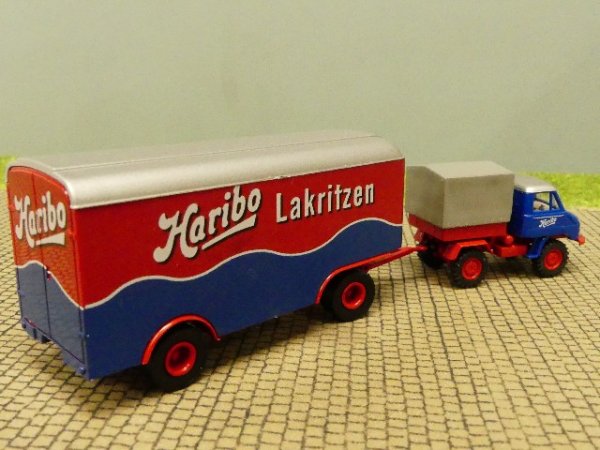 1/87 Brekina Unimog 411 Haribo Lakritzen mit Anhänger 39104